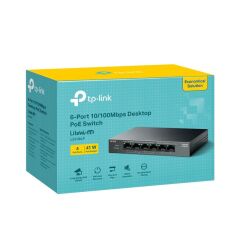 TP-LINK LS106LP 4 Port 10/100Mbps + 2 Port RJ45 Uplink 41W 250 Metre PoE Mesafesi Metal Kasa Switch