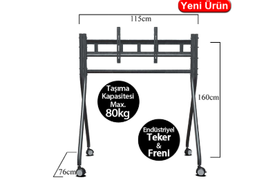 TRK-501-A Endüstriyel Universal 42''-75'' Tekerlekli TV ve Ekran Taşıma Standı Mobil Ekran Sehpası