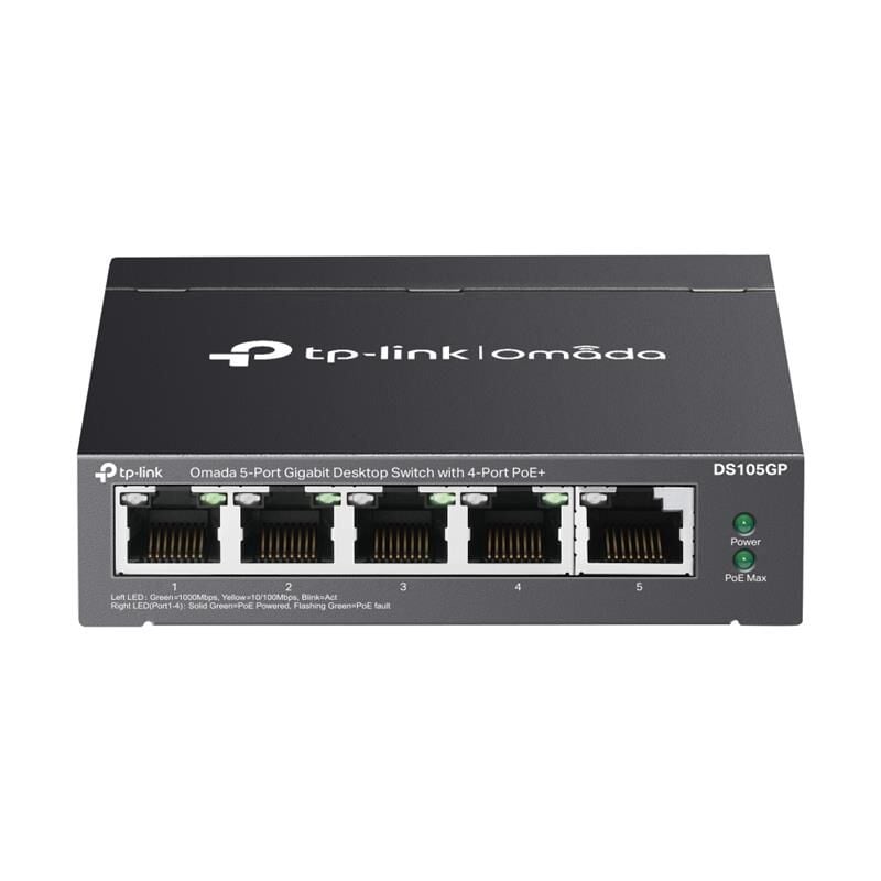 TP-LINK Omada DS105GP 4×Gigabit PoE+ + 1×Gigabit Uplink, 65W PoE, Metal Kasa, Yönetilemez()