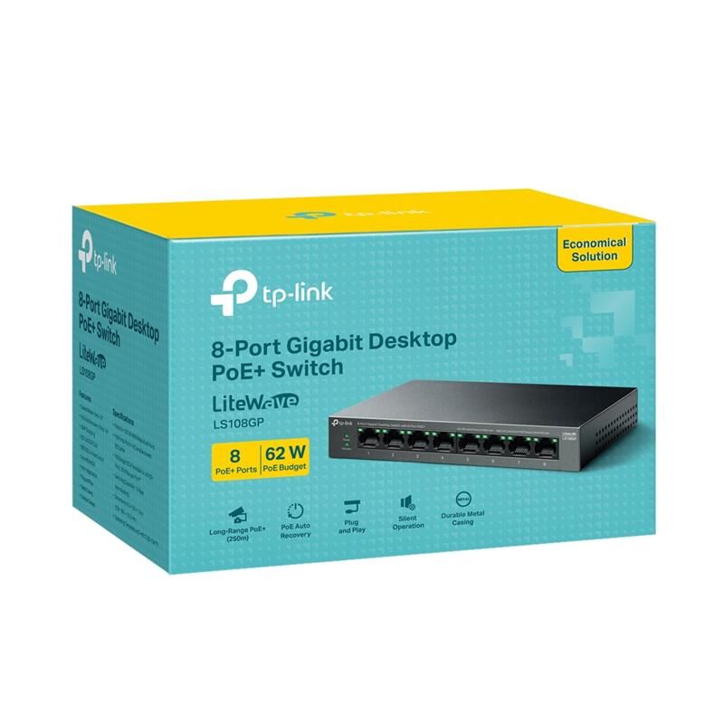 TP‑LINK LS108GP 8 Port Gigabit PoE+ 62 W Extend Mode (250 m) Metal Kasa Switch – Yönetilemez