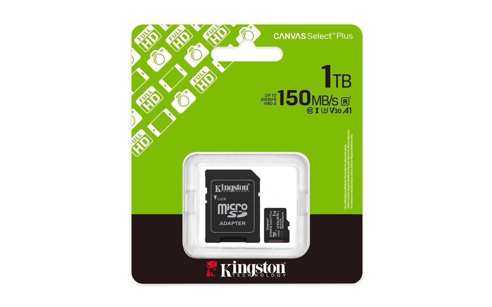 Kingston Canvas Select Plus 1TB microSDXC Hafıza Kartı (Gen 3, 150MB/s, Class 10, UHS-I, U3, V30, A1) + Adaptör
