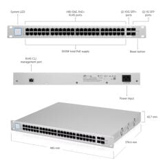 Ubiquiti UniFi Switch US‑48‑500W 48 Port Gigabit Yönetilebilir+2×1 Gb & 2×10 Gb SFP Uplink, 500 W PoE+, Rackmount