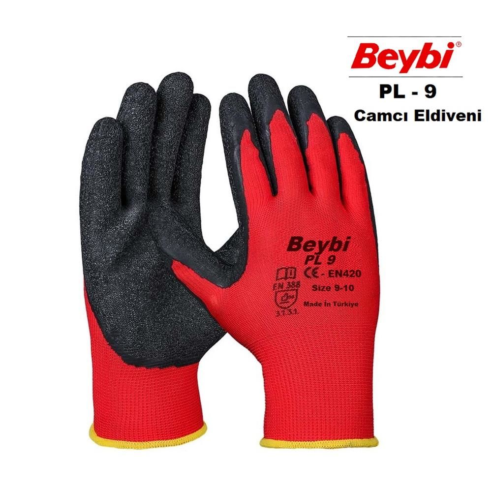 Beybi Nitril-Poly PL9 Nitril Kaplı İş Eldiveni 9 Beden (L) - 12'li Paket (Kırmızı/Siyah)