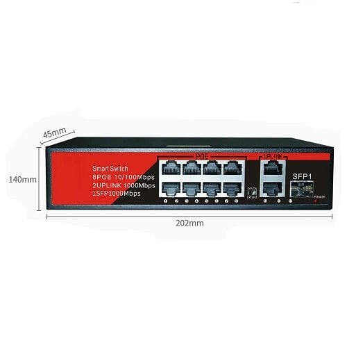 EZCOOL EZ‑08PSF‑SFP 8 Port (8 × Fast‑Ethernet + 2 × Gigabit‑Ethernet + 1 × SFP) Gigabit PoE Switch 120 W Metal Kasa