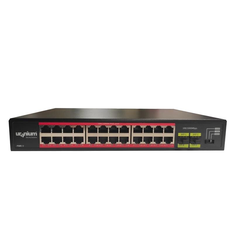 URANIUM POE‑G2402SFP‑300W 24× 10/100/1000 Base‑T PoE+ +2×1 Gbps SFP Rackmount Switch – 300 W PoE Güç, Realtek Çipset, Yönetilemez, 26‑Port