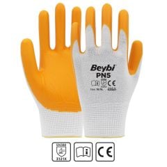 Beybi PN5 Nitril Kaplı Polyester Örme İş Eldiveni Beyaz/Sarı 9 Beden (L) 12 Çift EN388 (3121X)