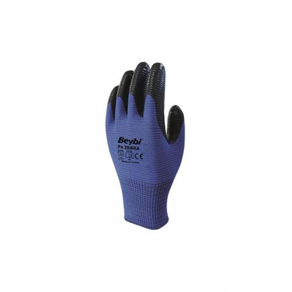 Beybi Poly PNZebra No:9 Mavi/Siyah Nitril Kaplı İş Eldiveni (12'li Paket)