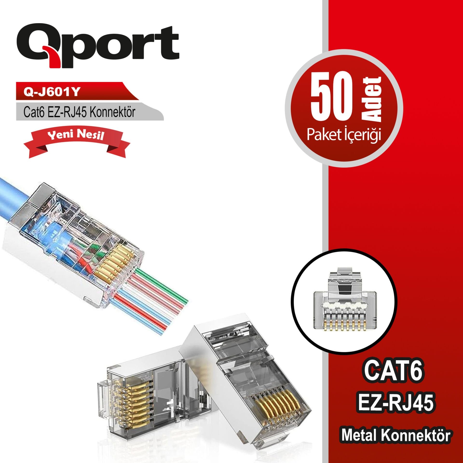 QPORT Q-J601Y Cat6 Shielded (FTP/STP) Metal EZ-RJ45 Konnektör - 50 Adet Paket