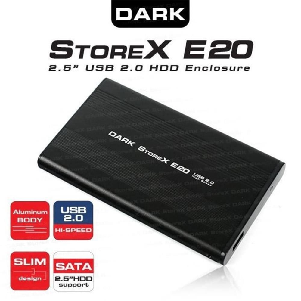 DARK DK‑AC‑DSE20 E20 2.5″ USB 2.0 SATA Alüminyum Disk Kutusu Siyah (SATA I/II/III, Y‑Kablo, Deri Kılıf)