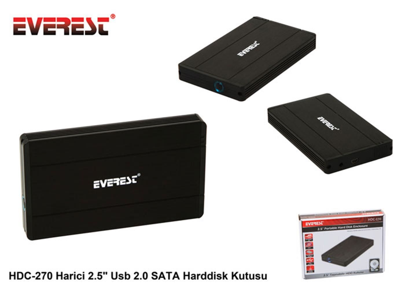 Everest HDC‑270 Harici 2.5″ USB 2.0 SATA Harici Harddisk Kutusu Siyah – 2.5″ SATA HDD/SSD Dönüştürücü, Alüminyum & Plastik Gövde, Tak‑Çalıştır, Plug‑and‑Play, Windows & Mac Uyumlu, 1 TB Destekli, 135×80×11 mm