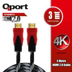 Qport Q-HDMI33 3 Metre HDMI 2.0v 4K 60Hz Ultra HD Örgülü Altın Uçlu Kablo