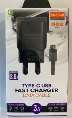 Megatech Mt-CT30 Siyah QD 3.0a Usb Ev Şarj Kafa+ Type-C Şarj Kablosu