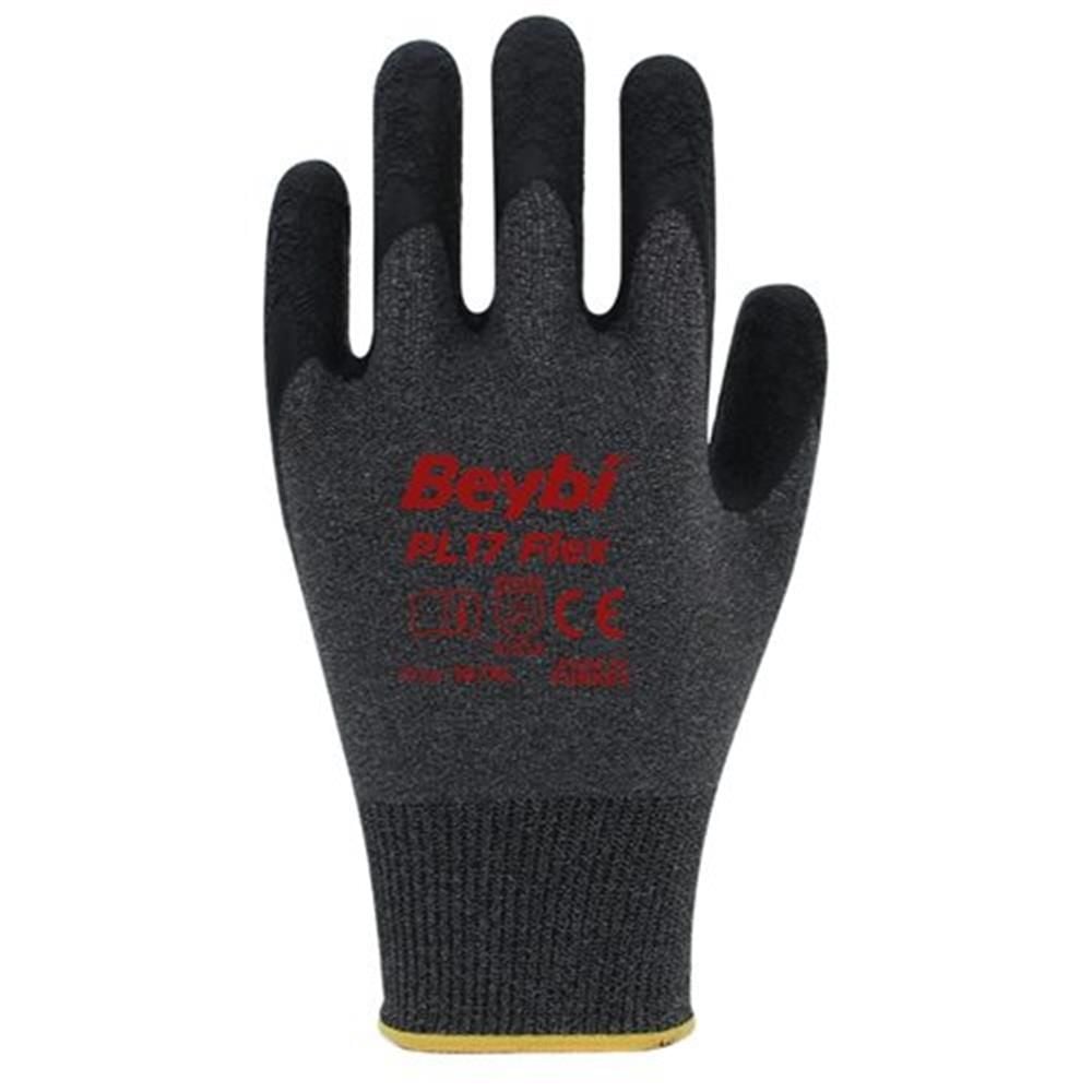 Beybi PL17 Flex No:10 Siyah Polyester Likralı Lateks Kaplı İş Eldiveni (12'li Paket)