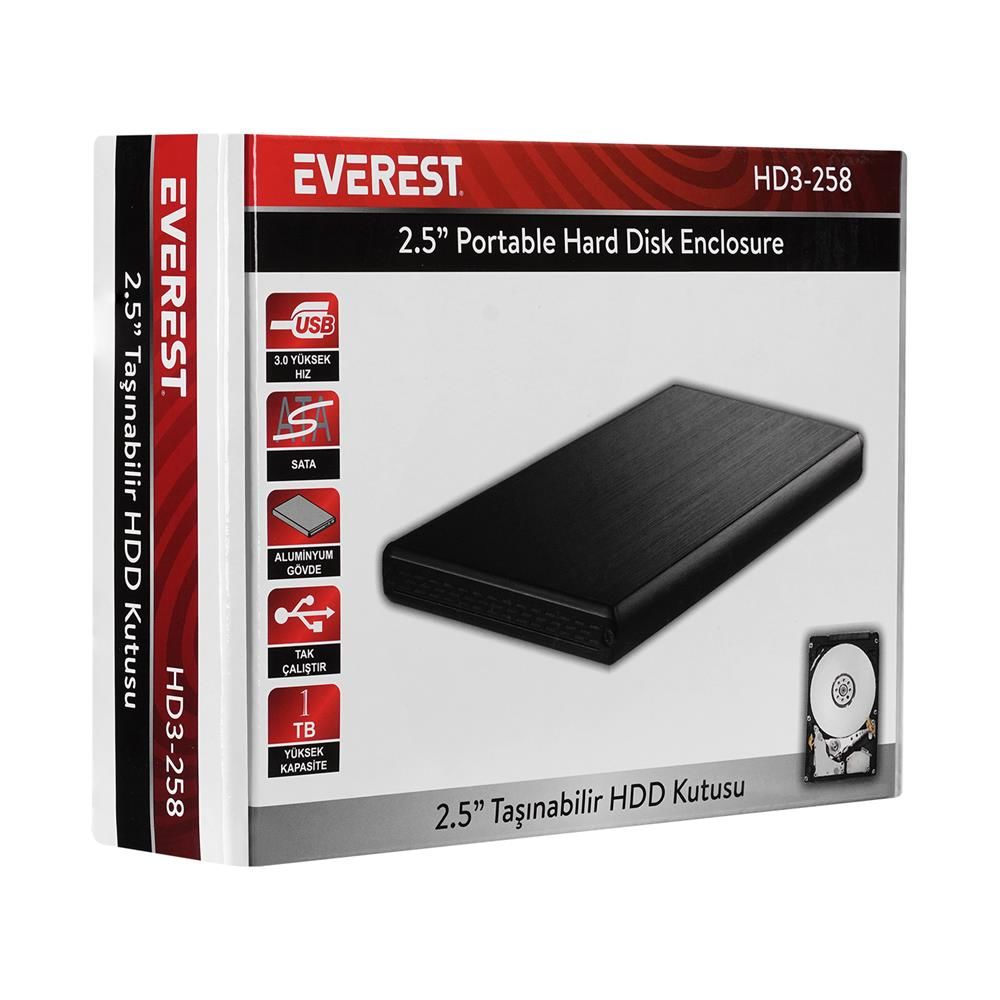 Everest HD3‑258 2.5″ USB 3.0 SATA Harddisk Kutusu Model 37240 Barkod 8680096118340