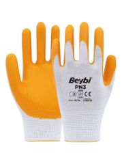 Beybi PN3 Beyaz/Sarı No:9 Polyester Örme Nitril İş Eldiveni (12'li Paket)
