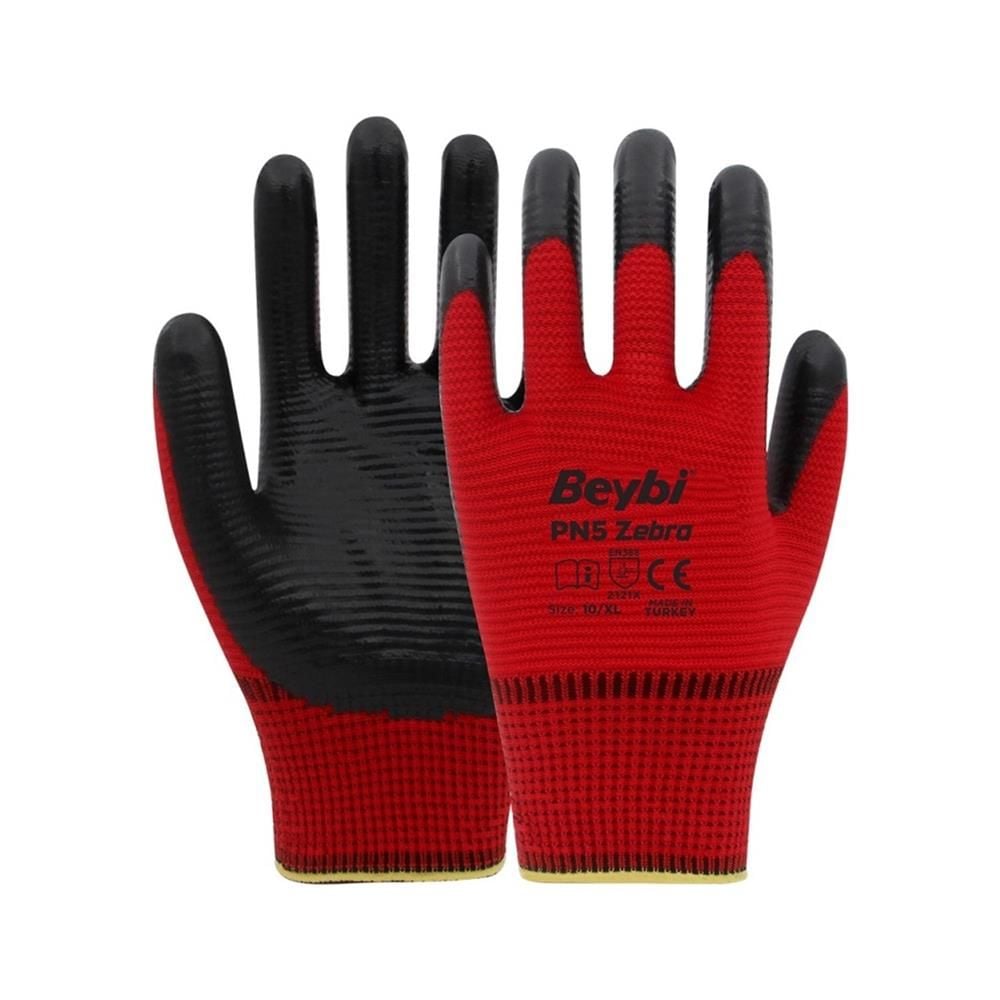 Beybi PN5 Zebra Nitril İş Eldiveni 9 Beden (L) Kırmızı/Siyah 12'li Paket (EN 388: 2121X)