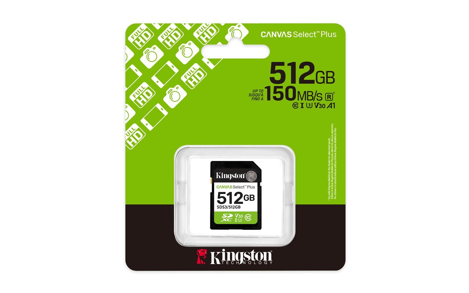 Kingston Canvas Select Plus 512GB SDXC Hafıza Kartı (Gen 3, 150MB/s, Class 10, UHS-I, U3, V30)