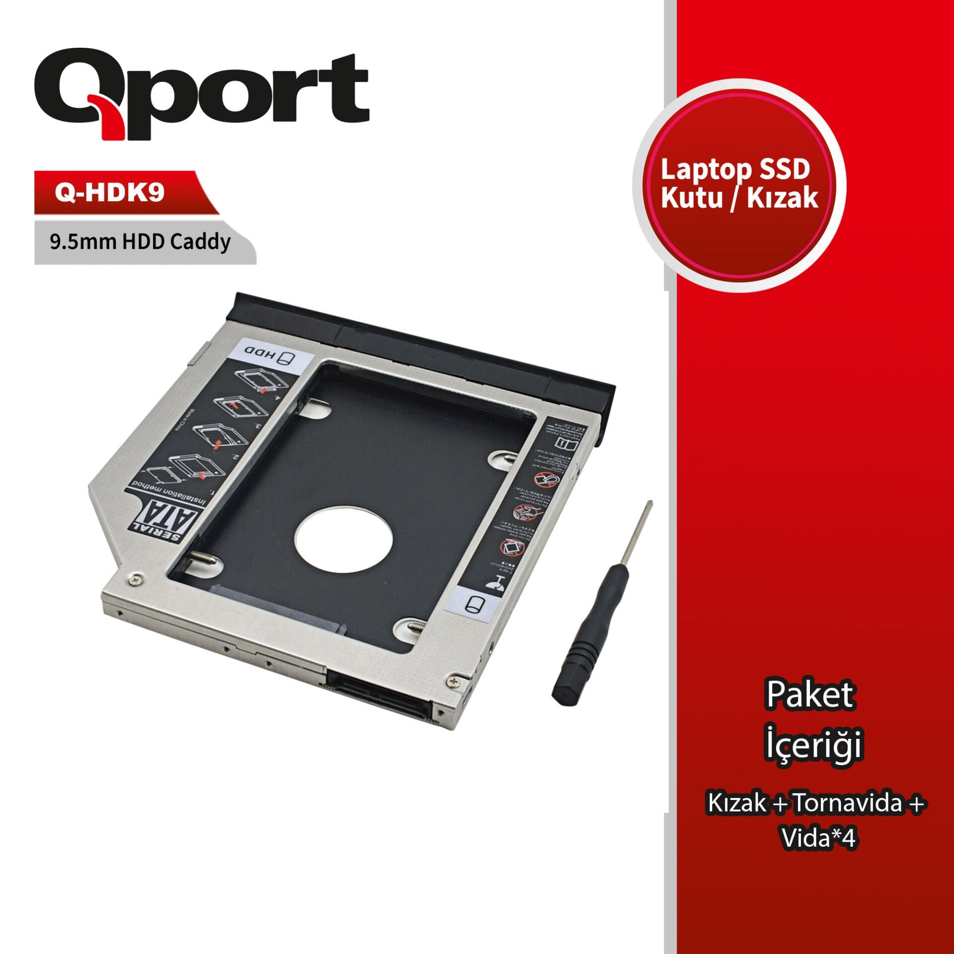 Qport Q-HDK9 2.5'' SATA HDD/SSD için 9.5mm Notebook Optik Sürücü Yuvası (Caddy) Kızak