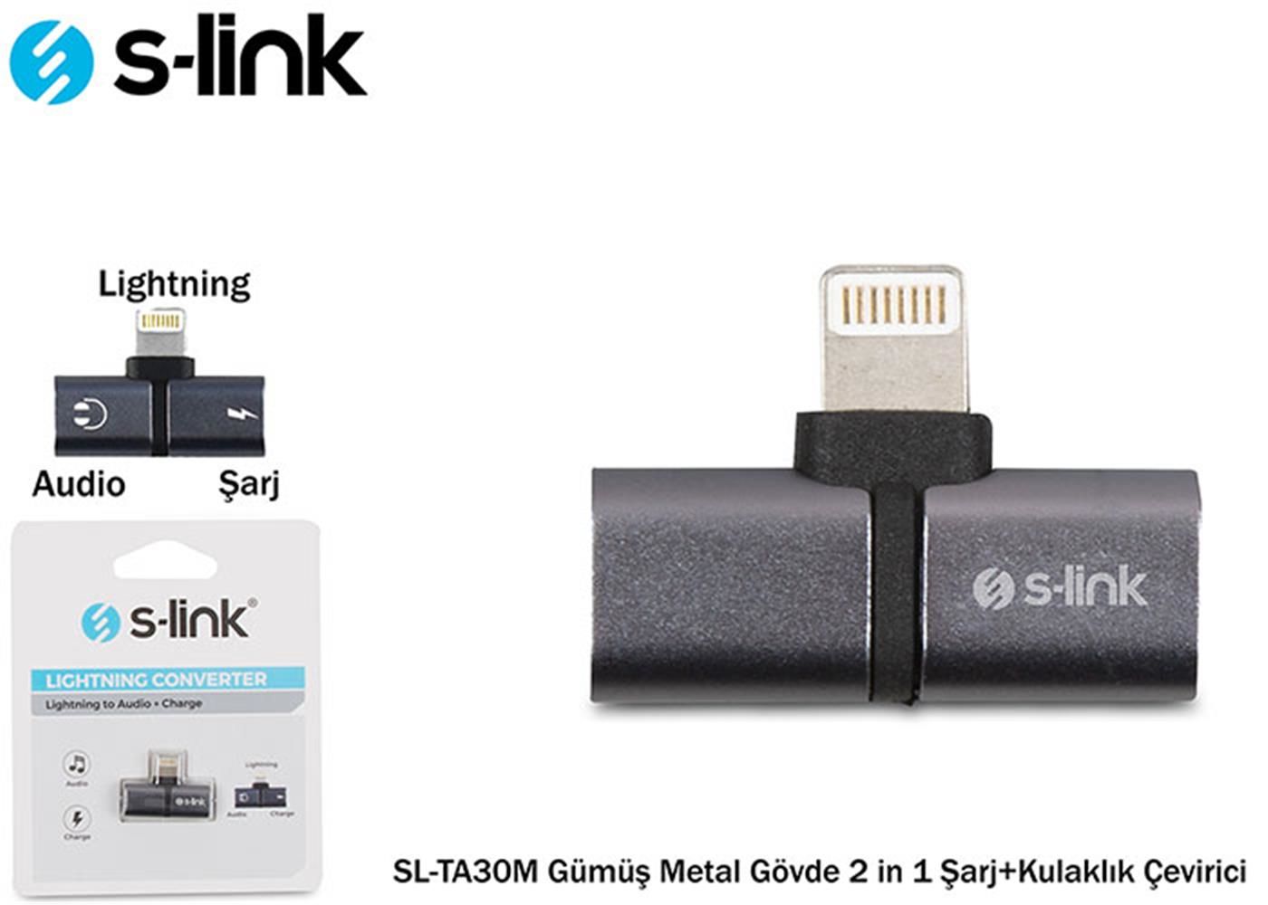 S-link SL-TA30M Lightning Gümüş Metal Gövde 2 in 1 Şarj + Kulaklık Çevirici