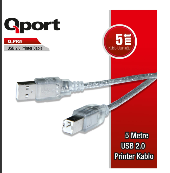 QPORT Q-PR5 USB 2.0 5 Metre Yazıcı ve Veri Aktarım Kablosu