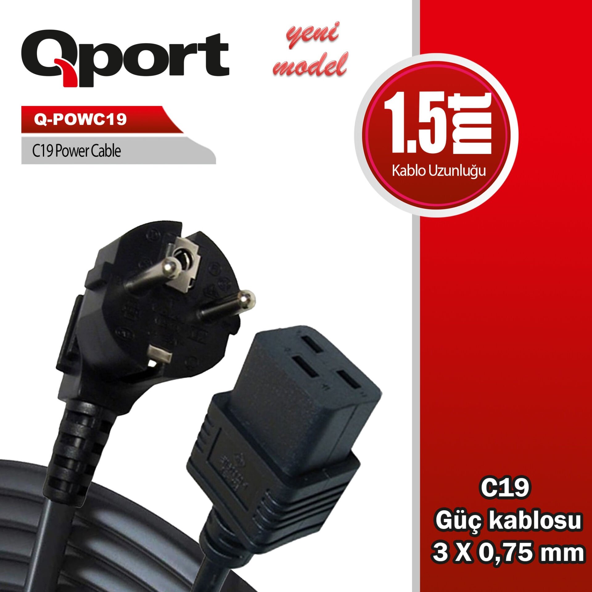 Qport Q-POWC19 1.5 Metre IEC C19 High-Current (Yüksek Akım) Güç Kablosu