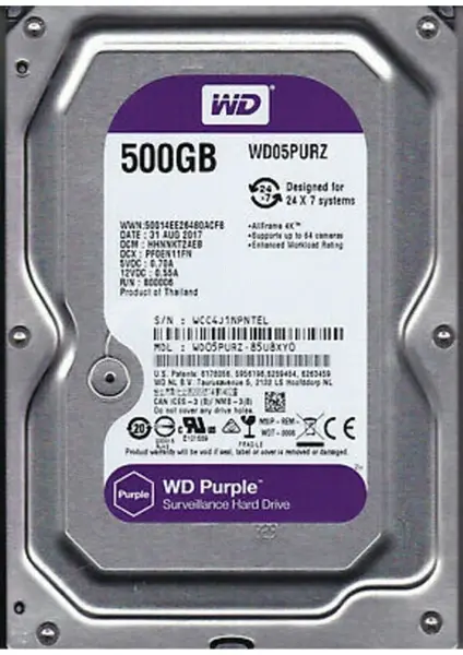 Wd 500Gb Purple WD500PURZ 3.5'' 5400 RPM SATA 3 Harddisk