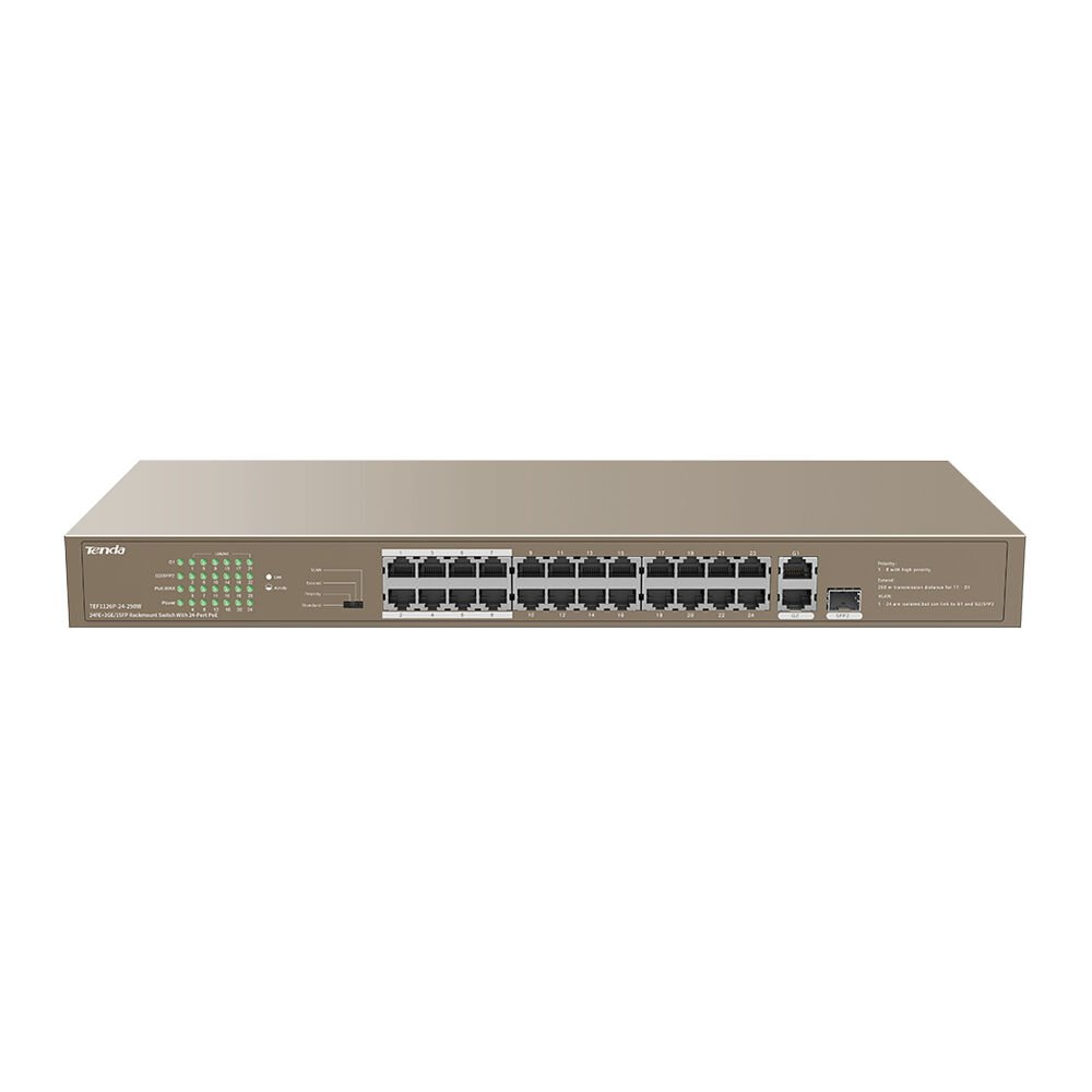 Tenda TEF1126P-24-250W 24-Port Fast Ethernet PoE+ (250W) Smart Managed Switch with 1 Gigabit Uplink & 1 Combo SFP