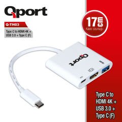 Qport Q-TH03 USB Type-C to 4K HDMI, USB 3.0 ve Type-C PD Çok Fonksiyonlu Dönüştürücü Adaptör