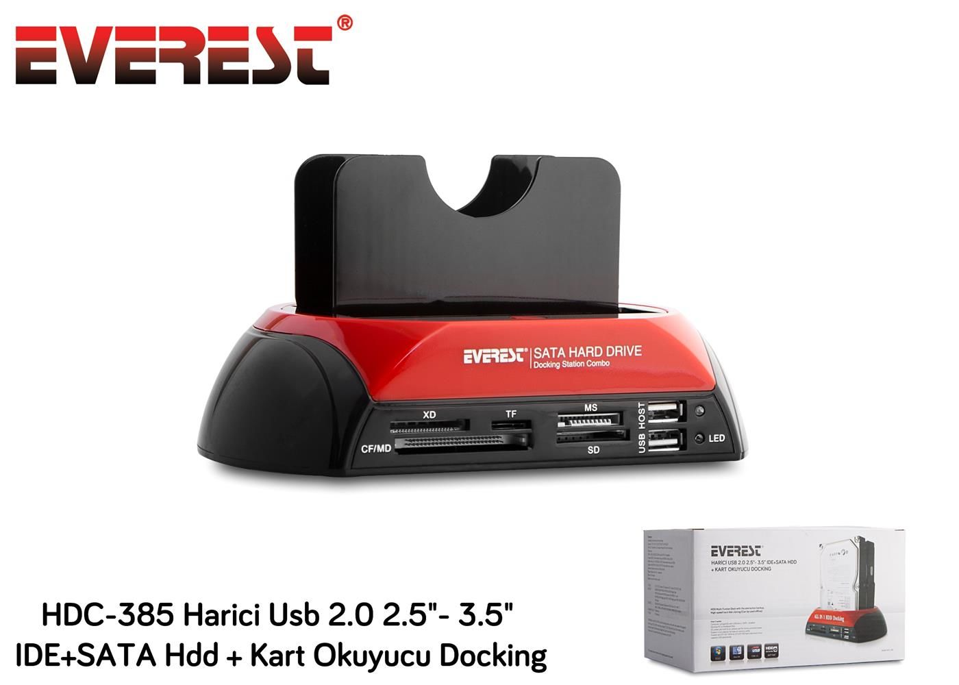 Everest HDC-385 2.5''-3.5'' IDE & SATA USB 2.0 Çoklu Harddisk HDD Kutusu + Çoklu Kart Okuyucu + Docking Station (IDE/SATA Desteği, USB 2.0 Bağlantı, SD/MS/CF/MMC Kart Okuma, 2.5'' ve 3.5'' HDD SSD Uyumu, Tak-Çalıştır, Siyah)