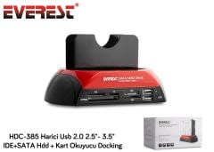 Everest HDC-385 2.5''-3.5'' IDE & SATA USB 2.0 Çoklu Harddisk HDD Kutusu + Çoklu Kart Okuyucu + Docking Station (IDE/SATA Desteği, USB 2.0 Bağlantı, SD/MS/CF/MMC Kart Okuma, 2.5'' ve 3.5'' HDD SSD Uyumu, Tak-Çalıştır, Siyah)