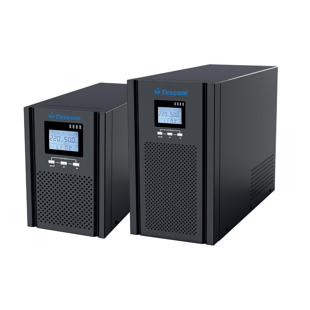 TESCOM TEOS+ 3 kVA 1F/1F Online UPS (6×7 Ah Dahili Akü) LCD Panel, 4–8 dk Yedekleme Süresi, 2700 W Çıkış Gücü, 208–240 Vac Giriş, Sinüs Dalga, RS‑232/USB Haberleşme