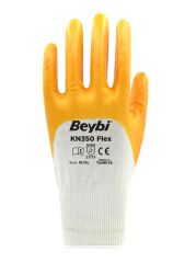 Beybi PMK KN350 Flex Pamuklu Nitril Kaplı İş Eldiveni 9 Beden (L) - 12'li Paket (Beyaz/Sarı)