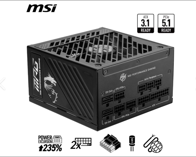 MSI MPG A1250GS PCIE5 1250W 80+ Gold ATX 3.1 PCIe 5.1 2x 12V-2x6 Tam Modüler Güç Kaynağı