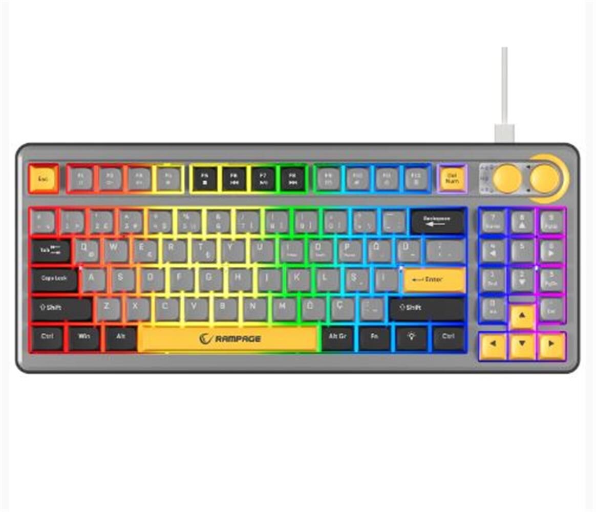 Rampage CYCLONE Gri-Siyah-Sarı USB RGB Aydınlatmalı Q TR Compact Membrane Gaming Oyuncu Klavye