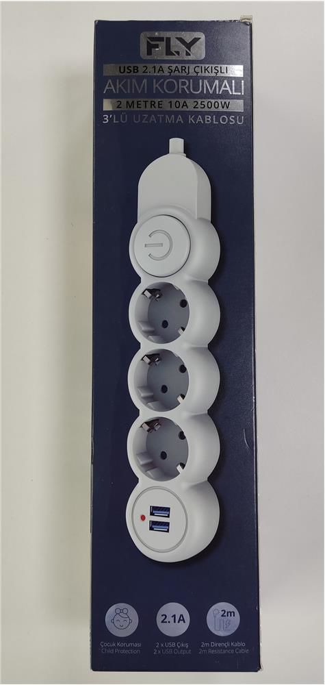 Fly 3'lü Akım Korumalı Grup Priz 2 Metre 2 USB Şarj Çıkışlı (2.1A) Anahtarlı Beyaz (3393-01)