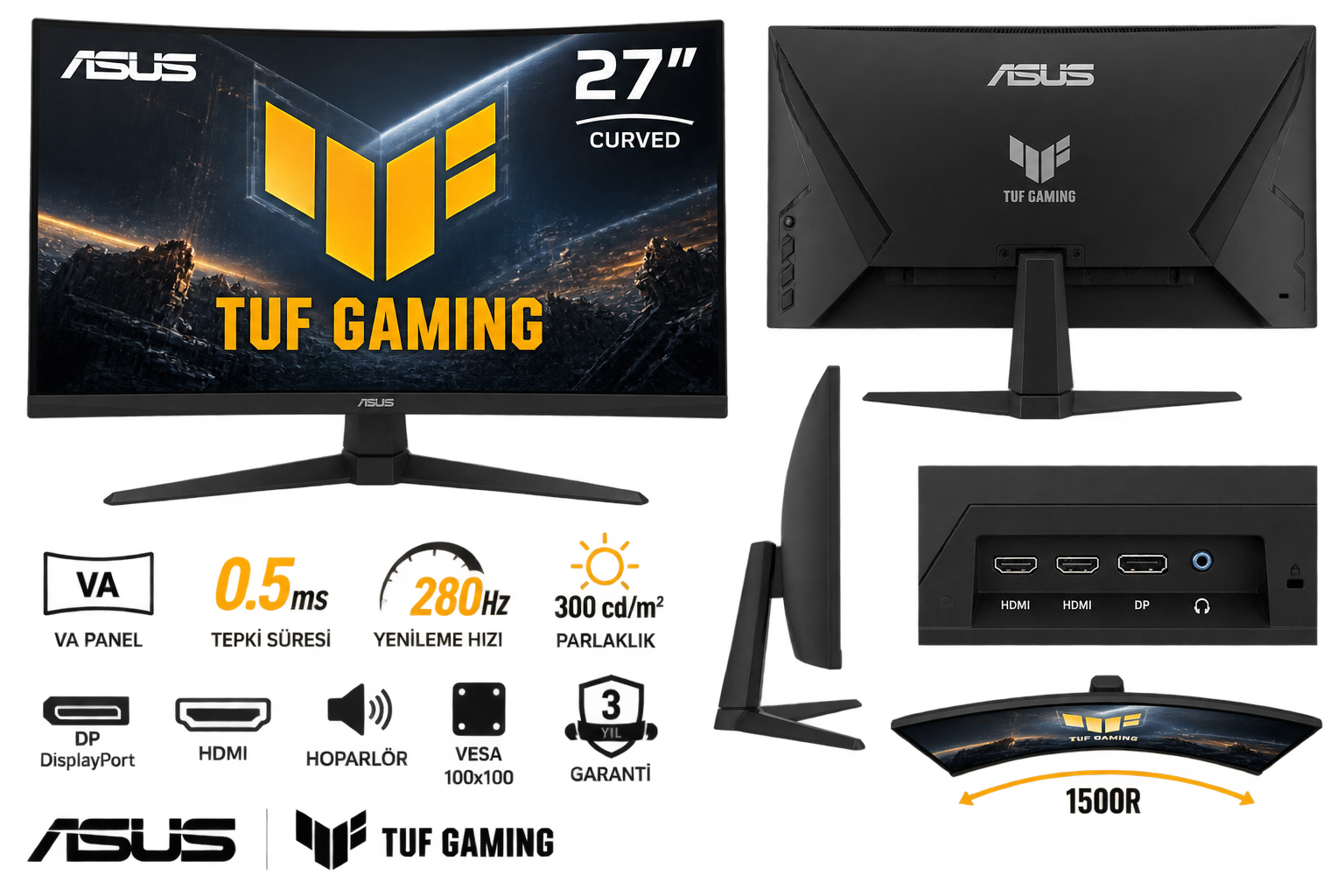 27'' ASUS TUF Gaming VG27VQM5F VA 0.5ms 280Hz 300cd DP HDMI Hoparlör VESA 3Y