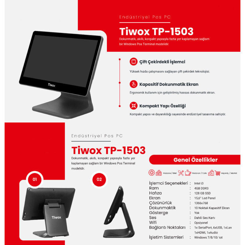 Tiwox TP-1503 15,6 İ3 3.Nesil 4GB RAM 128 SSD Endüstriyel Pos PC