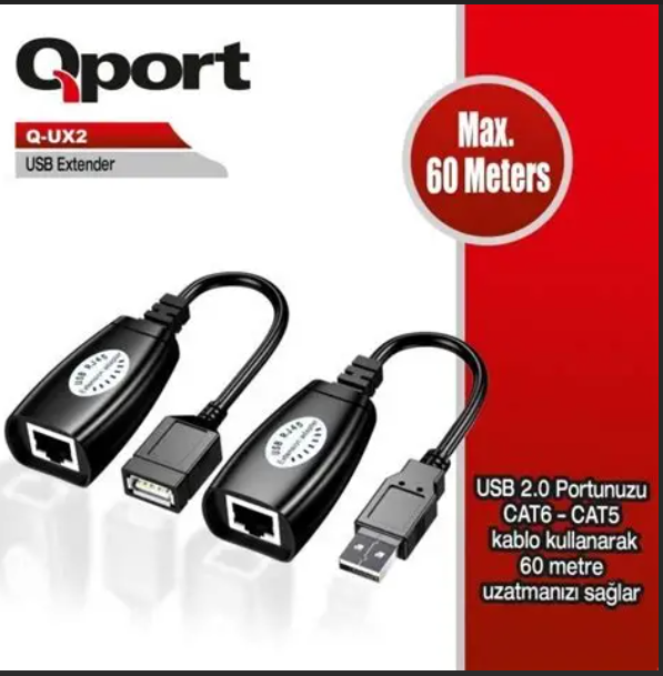 Qport Q-UX2 60 Metre USB Extender Cat5/Cat6 Ethernet Üzerinden USB Uzatma Adaptörü 2'li Paket