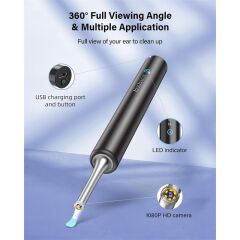 Bebird T5 Görüntülü Kulak Temizleyici 3 MP Kamera 3.5 mm Lens Wi‑Fi Bağlantı Şarjlı 250 mAh 6 LED 20× Büyütme IP67 Suya Dayanıklı Siyah