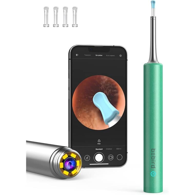 Bebird T5 Görüntülü Kulak Temizleyici 3 MP Kamera 3.5 mm Lens Wi‑Fi Bağlantı Şarjlı 250 mAh 6 LED 20× Büyütme IP67 Suya Dayanıklı Yeşil