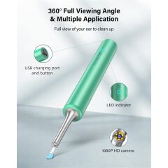 Bebird T5 Görüntülü Kulak Temizleyici 3 MP Kamera 3.5 mm Lens Wi‑Fi Bağlantı Şarjlı 250 mAh 6 LED 20× Büyütme IP67 Suya Dayanıklı Yeşil