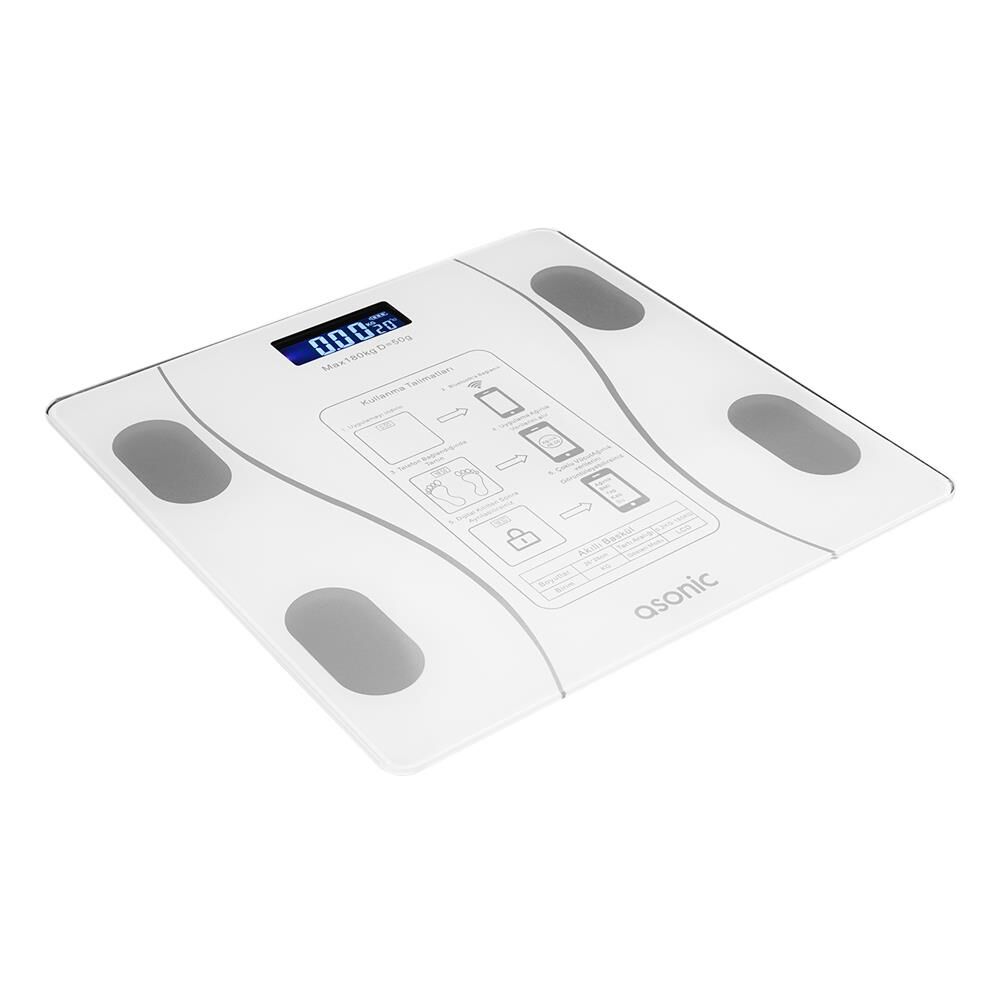 Asonic AS-BS260 Beyaz Bluetooth Akıllı Dijital Baskül - Temperli Cam ve Hassas Sensörlü