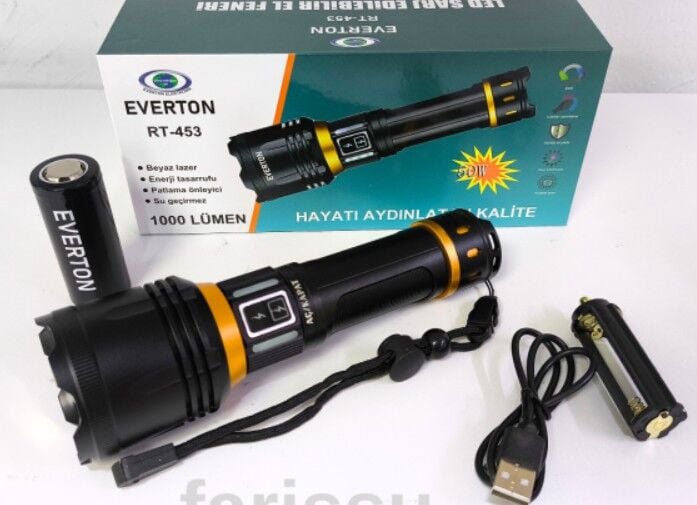 Everton RT-453 Metal Fener 50w Şarjlı Parlaklık Ayarı 4800Mah 26650 3.7v Lıon Pil)