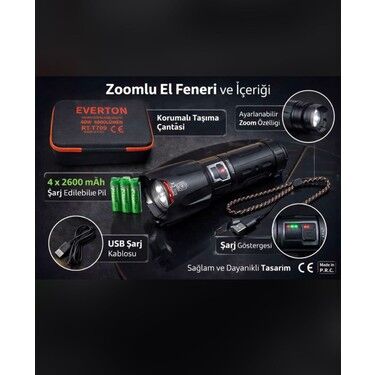 Everton RT-709 Çantalı Metal Fener 60w 6000 lümen Led Gösterge 4-2600 mah Şarjlı Pil Zoomlu