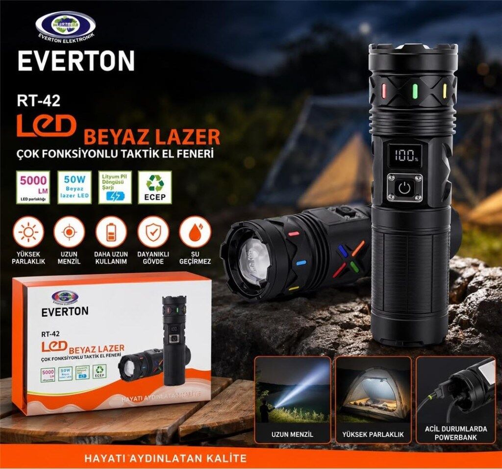 Everton RT-42 Metal Fener 5000lümen 50w Led Gösterge Şarjlı