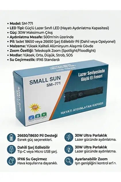 Small Sun SM-F805 Metal Fener 80w 2000lümen (4800mah li-on 3.7- 26650) Şarjlı