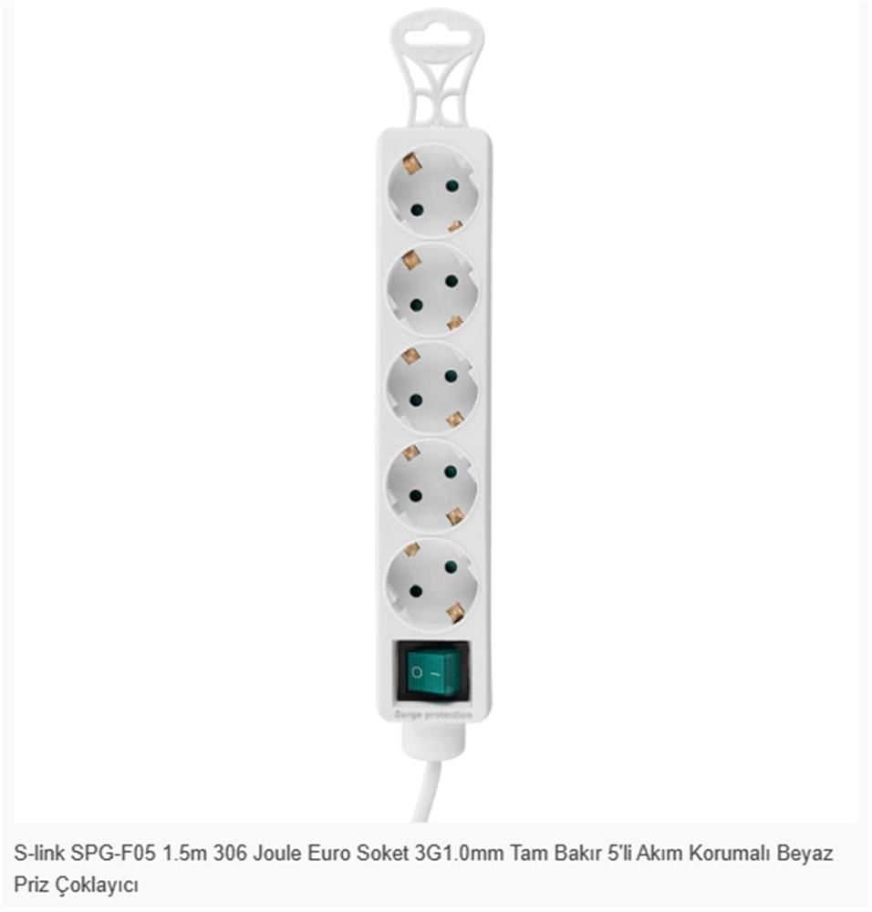 S-link SPG-F05 5'li Akım Korumalı Grup Priz - 1.5 Metre, 306 Joule, 3G1.0mm² Tam Bakır Kablo