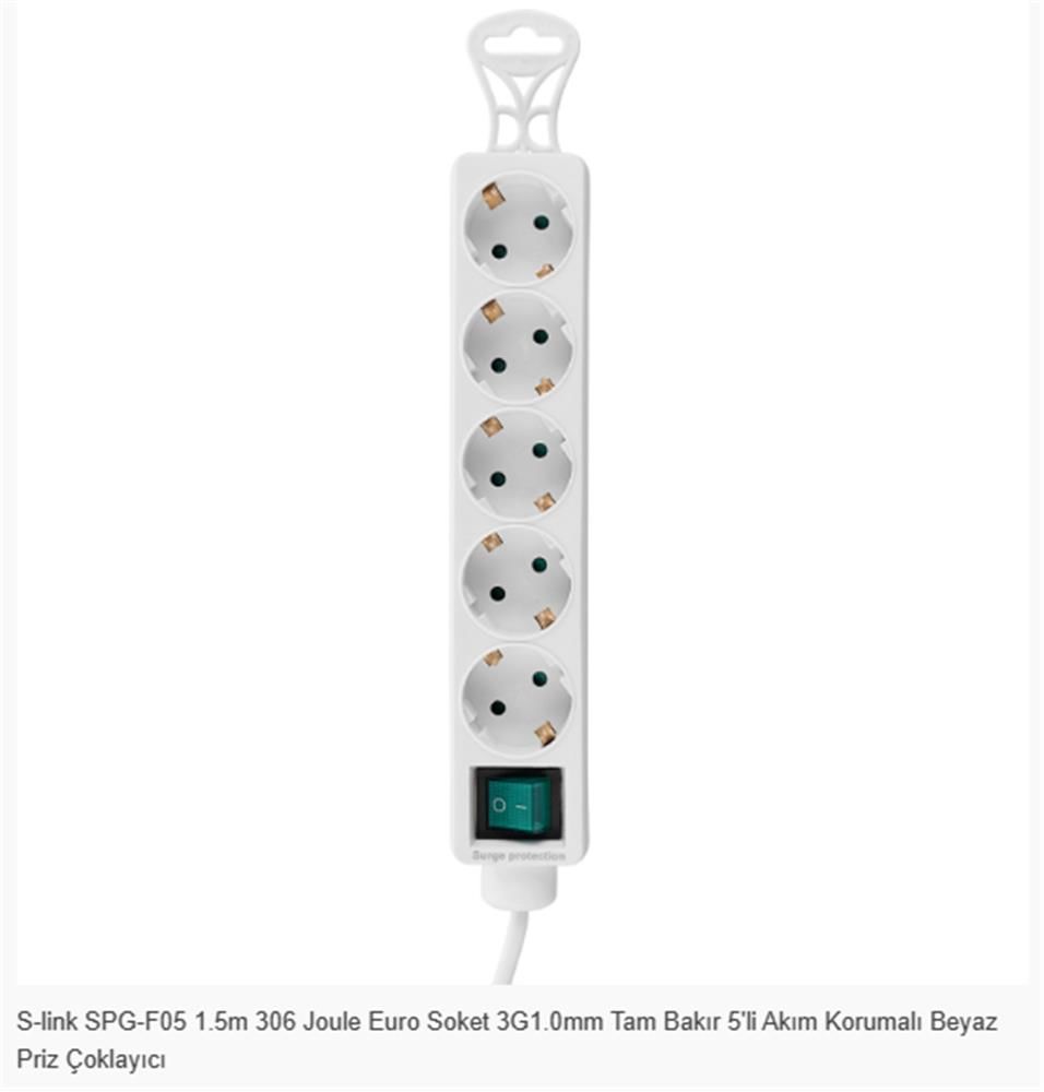 S-link SPG-F05 5'li Akım Korumalı Grup Priz - 1.5 Metre, 306 Joule, 3G1.0mm² Tam Bakır Kablo
