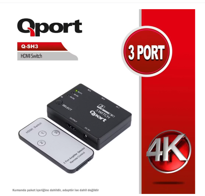 QPORT Q-SH3 3 Port HDMI Switch Çoklayıcı Full HD 4K Destekli HDMI Görüntü ve Ses Aktarıcı
