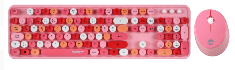Everest ROUND KM-6282 Renkli Tuşlu Pembe Kablosuz Q Multimedia Klavye ve Mouse Set